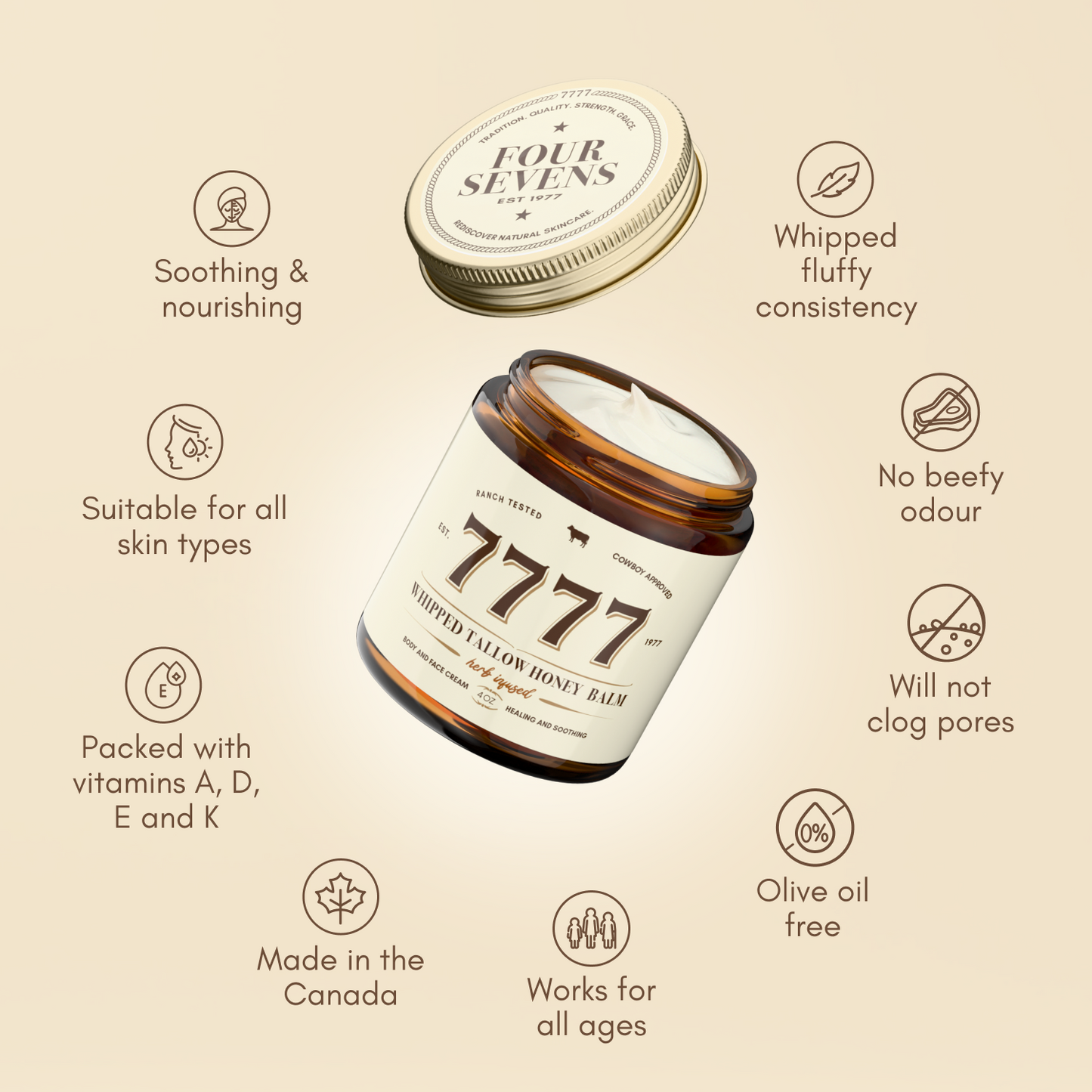 7777 Whipped Beef Tallow Honey Balm For Skin (Unscented/Herb-Infused) - 4oz