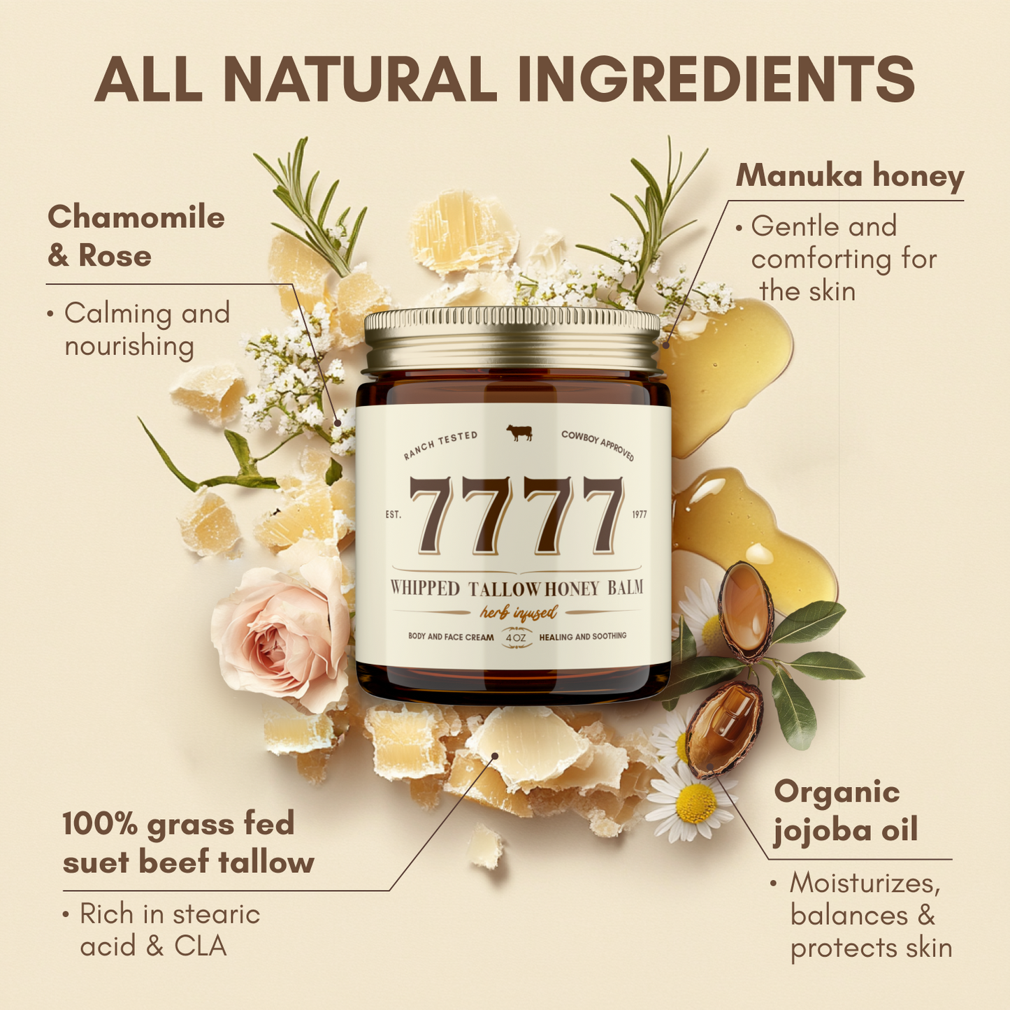 7777 Whipped Beef Tallow Honey Balm For Skin (Unscented/Herb-Infused) - 4oz